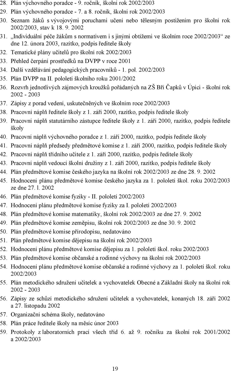 Individuální péče žákům s normativem i s jinými obtížemi ve školním roce 2002/2003 ze dne 12. února 2003, razítko, podpis ředitele školy 32. Tematické plány učitelů pro školní rok 2002/2003 33.