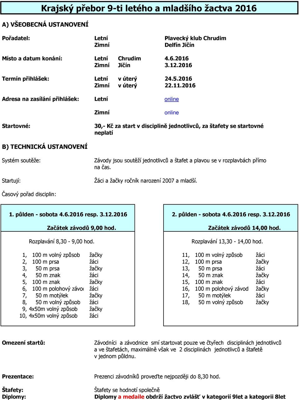 2016 Adresa na zasílání přihlášek: Letní online online Startovné: 30,- Kč za start v disciplině jednotlivců, za štafety se startovné neplatí B) TECHNICKÁ USTANOVENÍ Systém soutěže: Startují: Závody