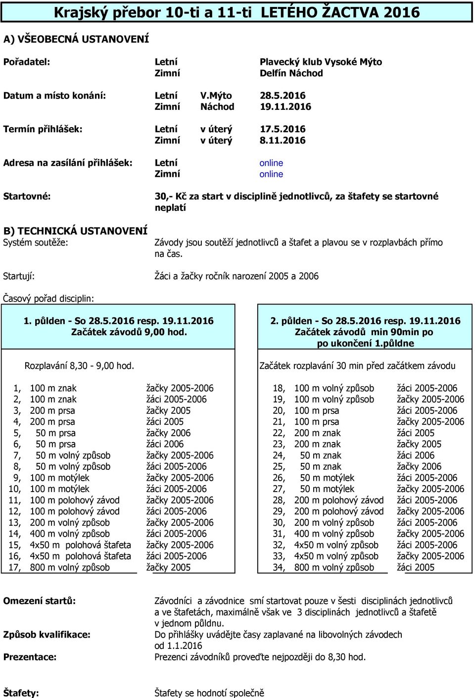 2016 Adresa na zasílání přihlášek: Letní online online Startovné: B) TECHNICKÁ USTANOVENÍ Systém soutěže: 30,- Kč za start v disciplině jednotlivců, za štafety se startovné neplatí Závody jsou