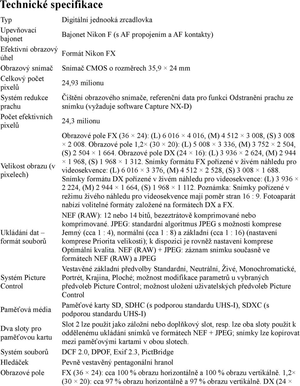 efektivních 24,3 milionu pixelů Obrazové pole FX (36 24): (L) 6 016 4 016, (M) 4 512 3 008, (S) 3 008 2 008. Obrazové pole 1,2 (30 20): (L) 5 008 3 336, (M) 3 752 2 504, (S) 2 504 1 664.