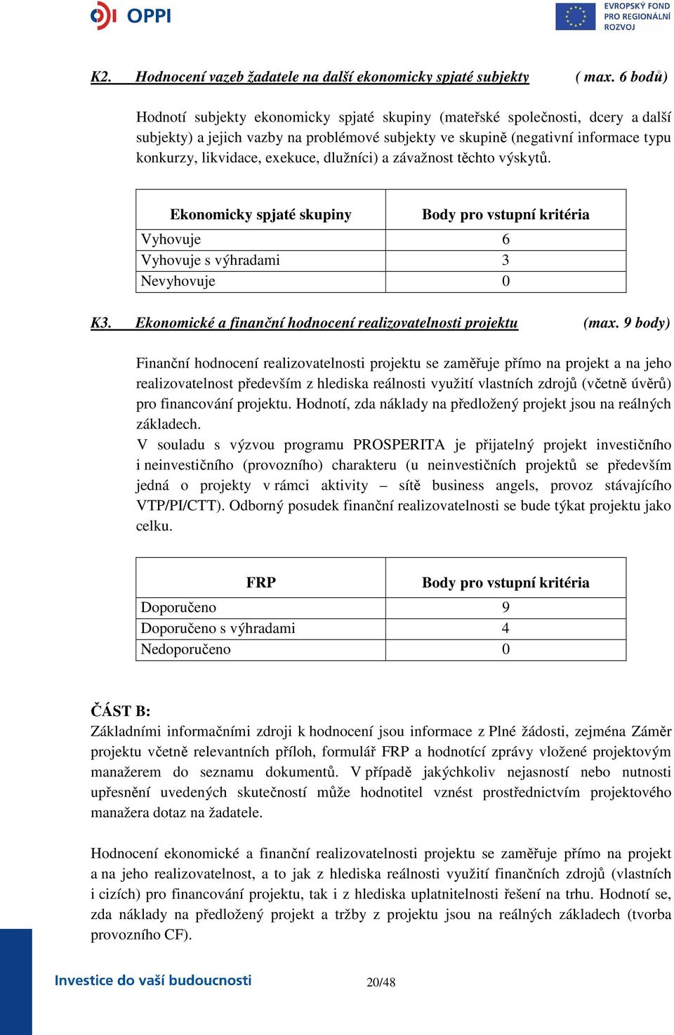 exekuce, dlužníci) a závažnost těchto výskytů. Ekonomicky spjaté skupiny Body pro vstupní kritéria Vyhovuje 6 Vyhovuje s výhradami 3 Nevyhovuje 0 K3.