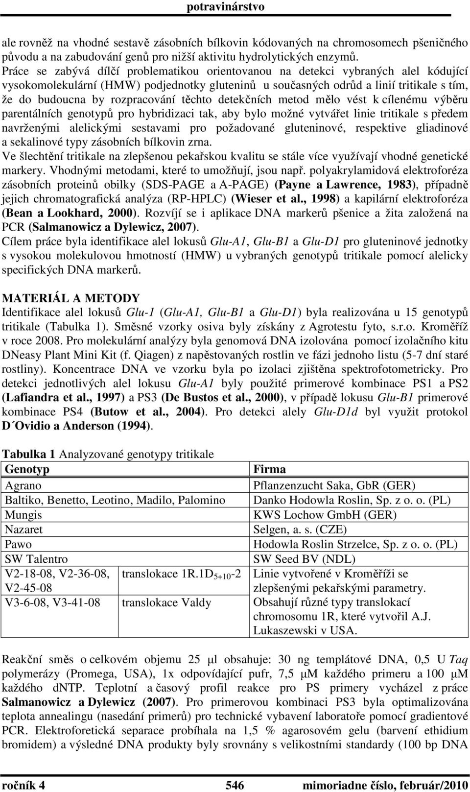 rozpracování těchto detekčních metod mělo vést k cílenému výběru parentálních genotypů pro hybridizaci tak, aby bylo možné vytvářet linie tritikale s předem navrženými alelickými sestavami pro