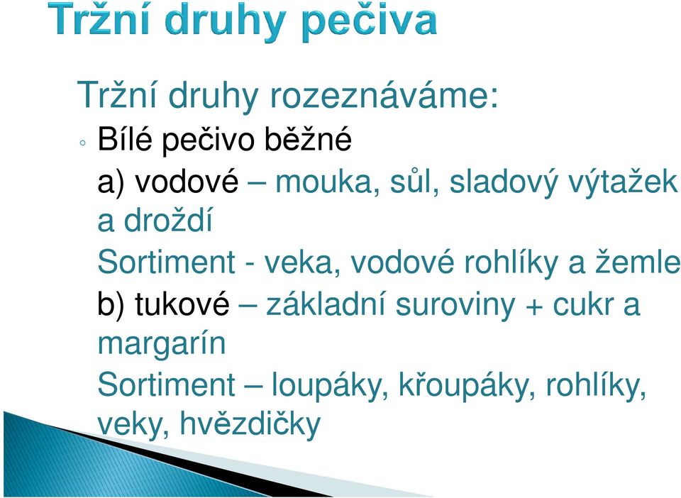 vodové rohlíky a žemle b) tukové základní suroviny + cukr