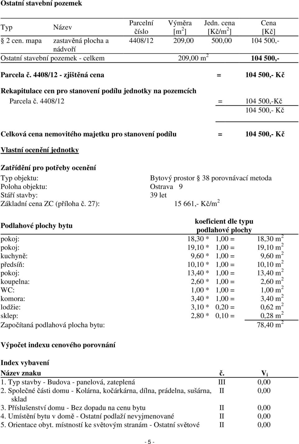 4408/12 - zjištěná cena = 104 500,- Kč Rekapitulace cen pro stanovení podílu jednotky na pozemcích Parcela č.