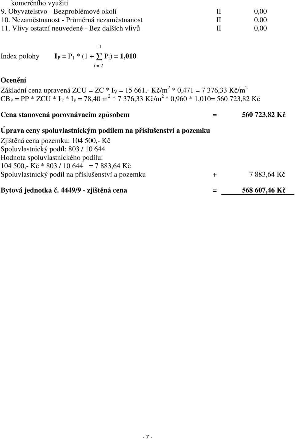 P = PP * ZCU * I T * I P = 78,40 m 2 * 7 376,33 Kč/m 2 * 0,960 * 1,010= 560 723,82 Kč Cena stanovená porovnávacím způsobem = 560 723,82 Kč Úprava ceny spoluvlastnickým podílem na příslušenství a