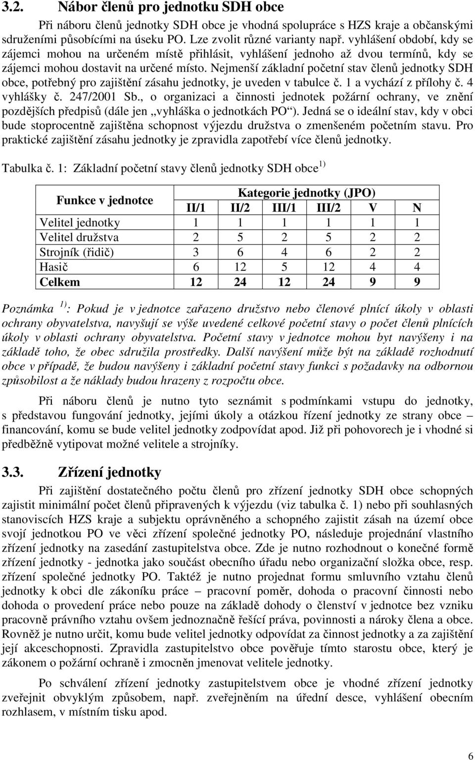 Nejmenší základní početní stav členů jednotky SDH obce, potřebný pro zajištění zásahu jednotky, je uveden v tabulce č. 1 a vychází z přílohy č. 4 vyhlášky č. 247/2001 Sb.