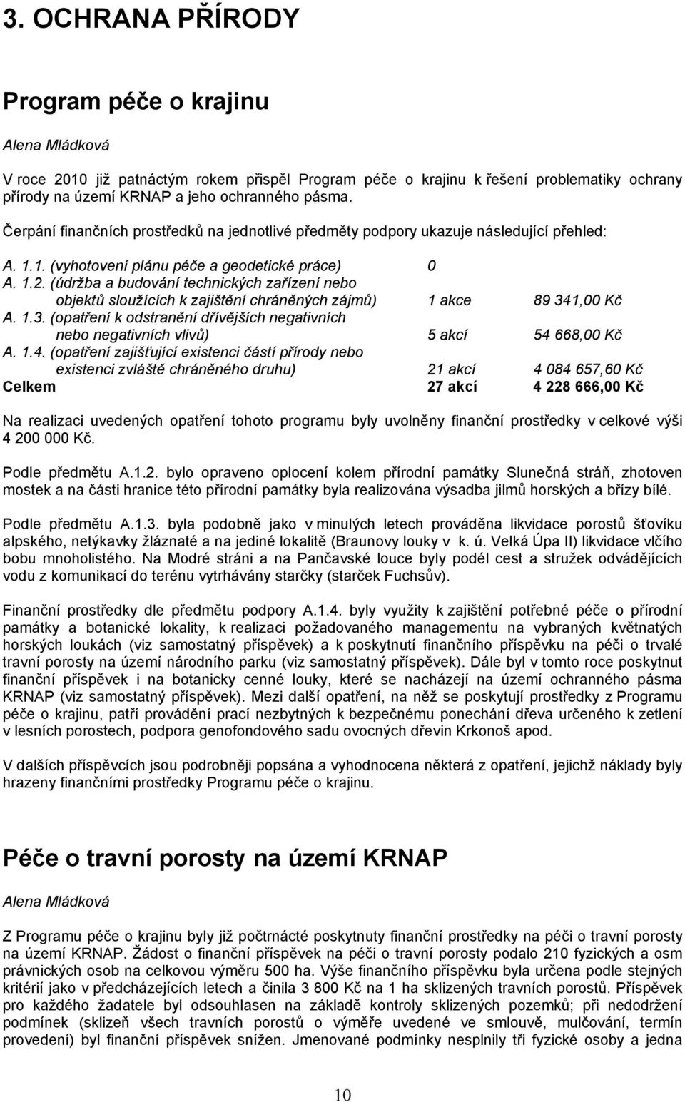 (údržba a budování technických zařízení nebo objektů sloužících k zajištění chráněných zájmů) 1 akce 89 341,00 Kč A. 1.3. (opatření k odstranění dřívějších negativních nebo negativních vlivů) 5 akcí 54 668,00 Kč A.