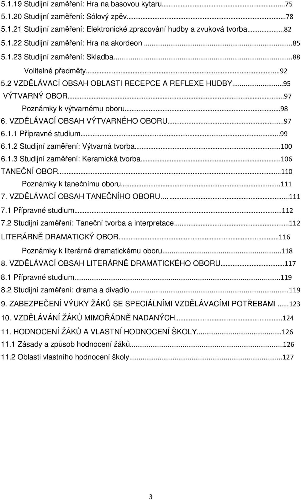 VZDĚLÁVACÍ OBSAH VÝTVARNÉHO OBORU....97 6.1.1 Přípravné studium.......99 6.1.2 Studijní zaměření: Výtvarná tvorba....100 6.1.3 Studijní zaměření: Keramická tvorba...106 TANEČNÍ OBOR.