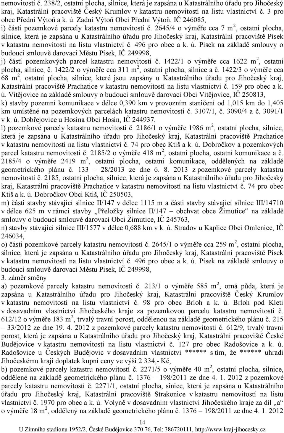 2645/4 o výměře cca 7 m 2, ostatní plocha, silnice, která je zapsána u Katastrálního úřadu pro Jihočeský kraj, Katastrální pracoviště Písek v katastru nemovitostí na listu vlastnictví č.