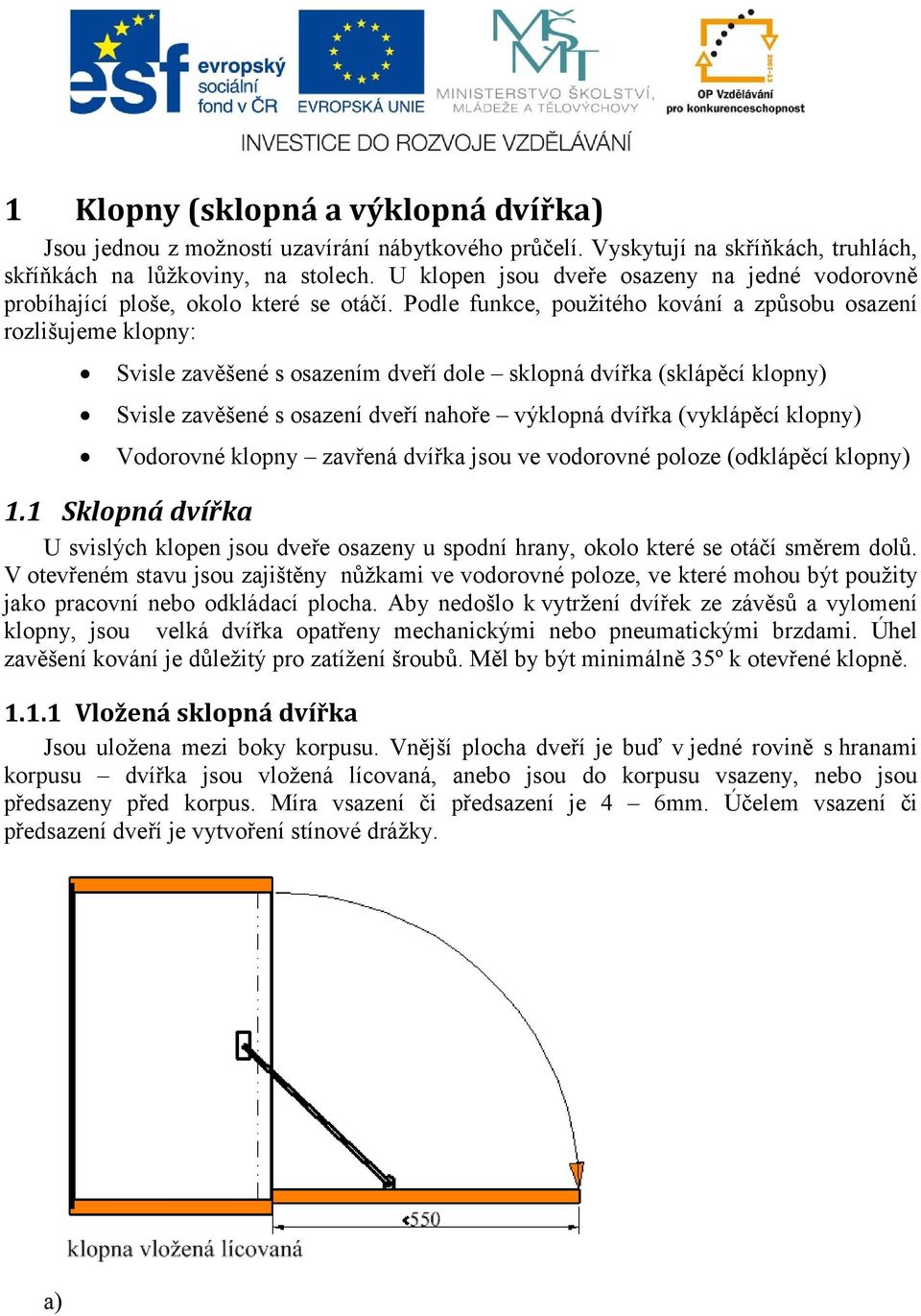 Podle funkce, použitého kování a způsobu osazení rozlišujeme klopny: Svisle zavěšené s osazením dveří dole sklopná dvířka (sklápěcí klopny) Svisle zavěšené s osazení dveří nahoře výklopná dvířka