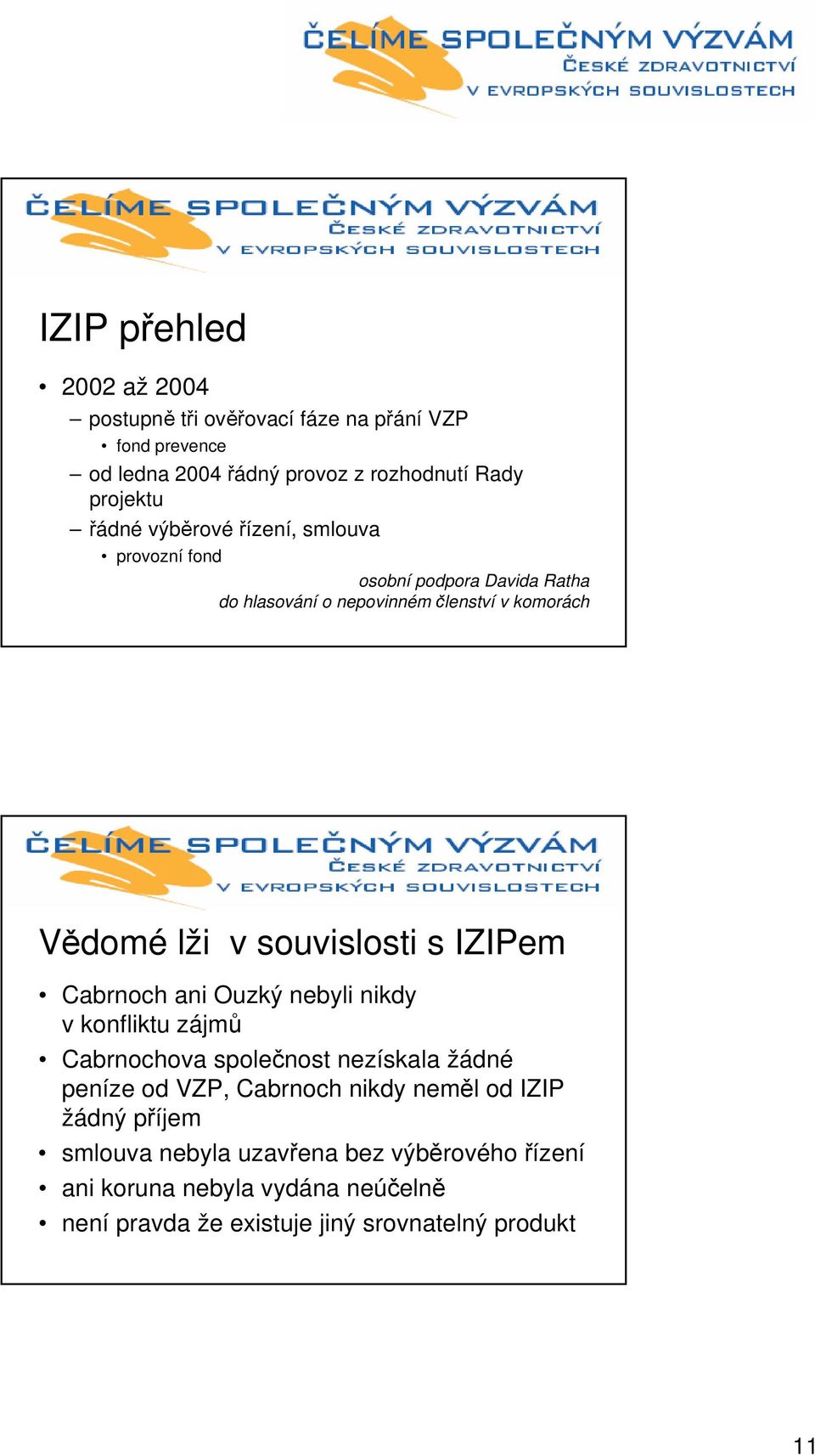 IZIPem Cabrnoch ani Ouzký nebyli nikdy v konfliktu zájmů Cabrnochova společnost nezískala žádné peníze od VZP, Cabrnoch nikdy neměl od IZIP