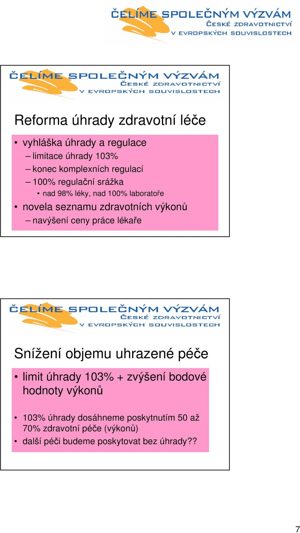 navýšení ceny práce lékaře Snížení objemu uhrazené péče limit úhrady 103% + zvýšení bodové hodnoty