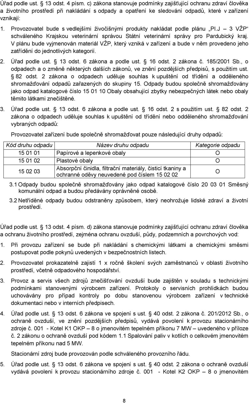 Provozovatel bude s vedlejšími živočišnými produkty nakládat podle plánu PI.J 3 VŽP schváleného Krajskou veterinární správou Státní veterinární správy pro Pardubický kraj.