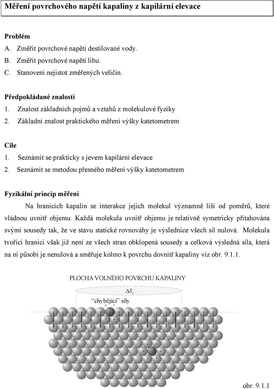 Seznámit se metodou přesného měření výšky katetometrem Fyzikální princip měření Na hranicích kapalin se interakce jejich molekul významně liší od poměrů, které vládnou uvnitř objemu.