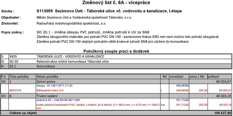 PVC DN 150 stejným potrubím v tší kruhové tuhosti SN8 pro uložení do komunikace Položkový soupis prací a dodávek obsypy : 91,132*1,67*1,1*1,01