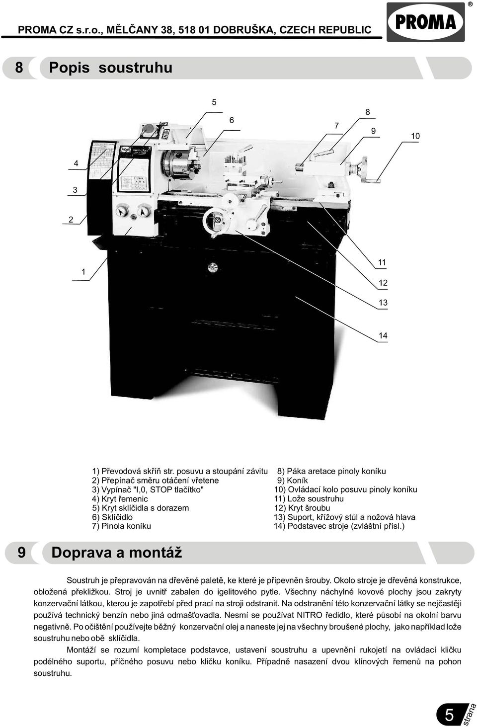pinoly koníku 9) Koník 10) Ovládací kolo posuvu pinoly koníku 11) Lože soustruhu 12) Kryt šroubu 13) Suport, køížový stùl a nožová hlava 14) Podstavec stroje (zvláštní pøísl.