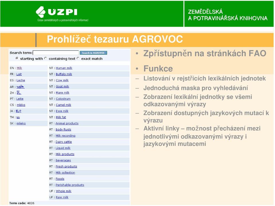 lexikální jednotky se všemi odkazovanými výrazy Zobrazení dostupných jazykových