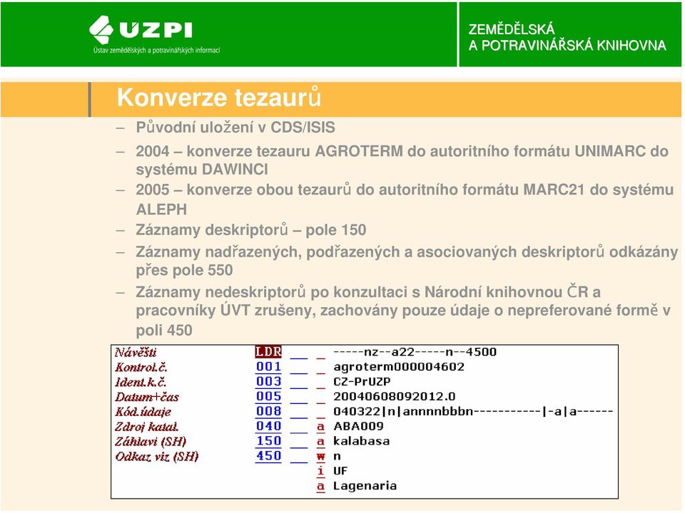 pole 150 Záznamy nadřazených, podřazených a asociovaných deskriptorů odkázány přes pole 550 Záznamy