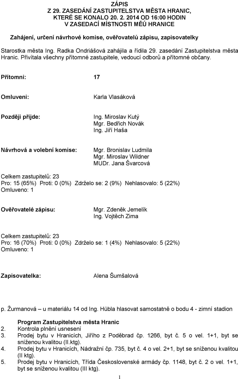 Přítomni: 17 Omluveni: Karla Vlasáková Později přijde: Ing. Miroslav Kutý Mgr. Bedřich Novák Ing. Jiří Haša Návrhová a volební komise: Mgr. Bronislav Ludmila Mgr. Miroslav Wildner MUDr.