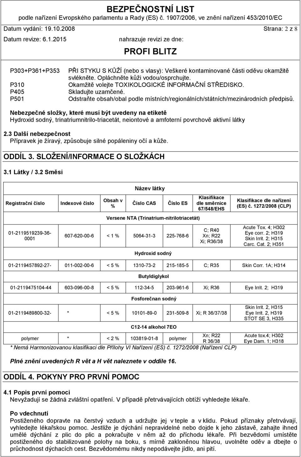 Nebezpečné složky, které musí být uvedeny na etiketě Hydroxid sodný, trinatriumnitrilo-triacetát, neiontové a amfoterní povrchově aktivní látky 2.