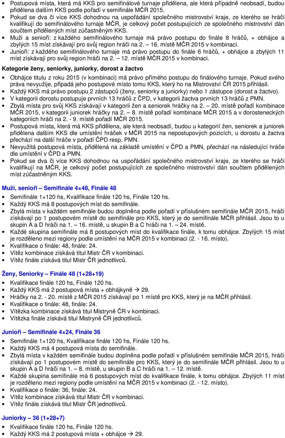 dán součtem přidělených míst zúčastněným KKS. Muži a senioři: z každého semifinálového turnaje má právo postupu do finále 8 hráčů, + obhájce a zbylých 15 míst získávají pro svůj region hráči na 2. 16.