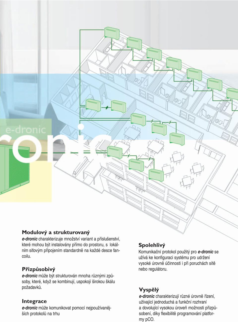 Integrace e-dronic může komunikovat pomocí nejpoužívanějších protokolů na trhu Spolehlivý Komunikační protokol použitý pro e-dronic se užívá ke konfiguraci systému pro udržení vysoké