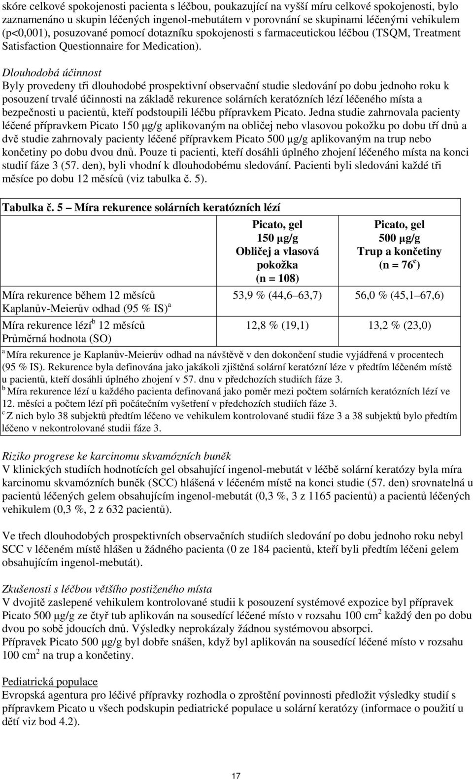 Dlouhodobá účinnost Byly provedeny tři dlouhodobé prospektivní observační studie sledování po dobu jednoho roku k posouzení trvalé účinnosti na základě rekurence solárních keratózních lézí léčeného