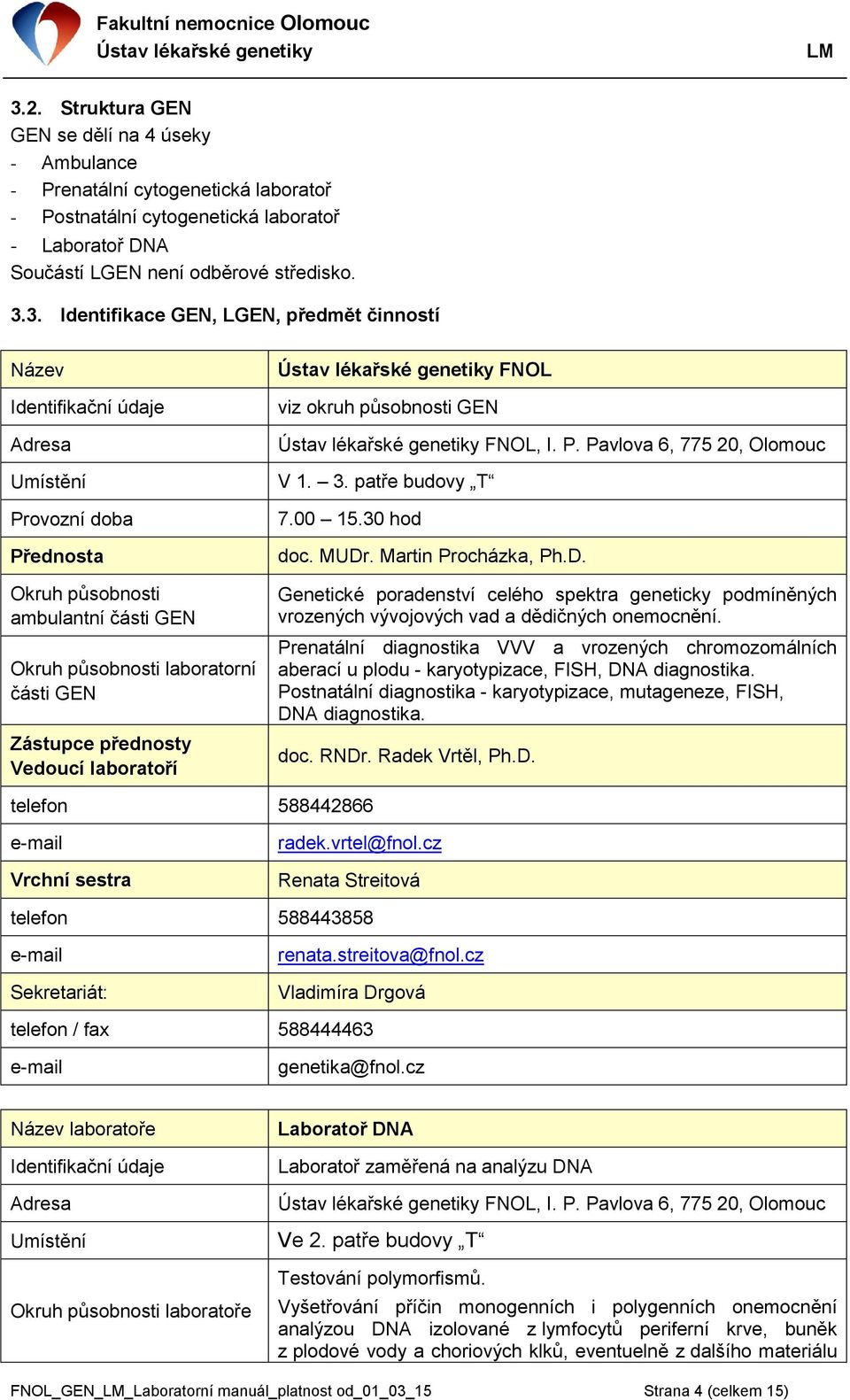 přednosty Vedoucí laboratoří FNOL viz okruh působnosti GEN FNOL, I. P. Pavlova 6, 775 20, Olomouc V 1. 3. patře budovy T 7.00 15.30 hod doc. MUDr