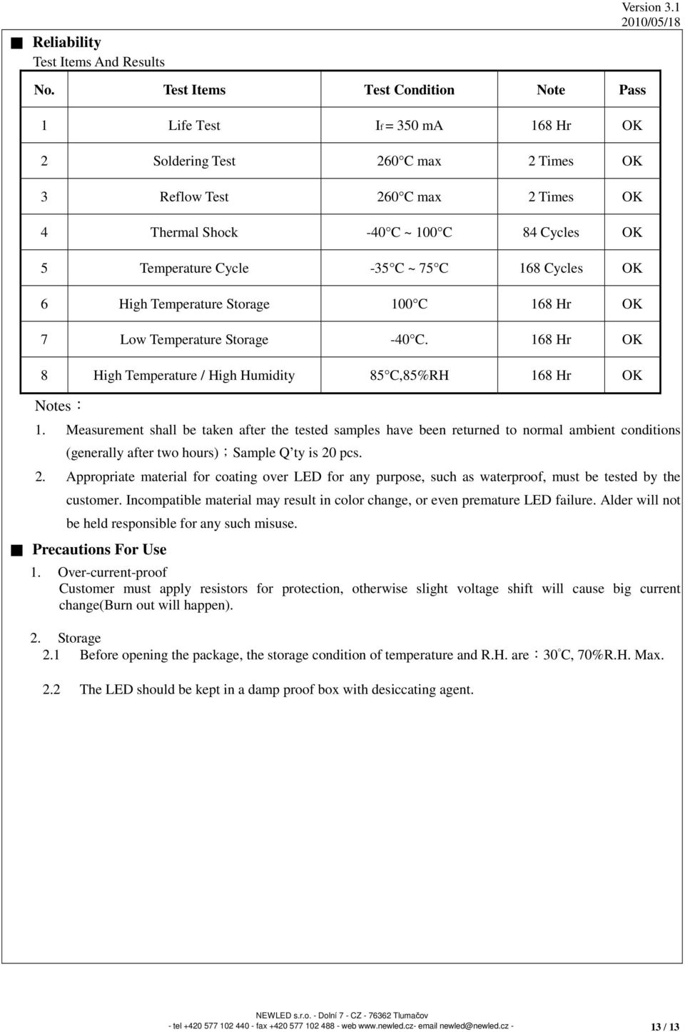 Cycle -35 C ~ 75 C 168 Cycles OK 6 High Temperature Storage 100 C 168 Hr OK 7 Low Temperature Storage -40 C. 168 Hr OK 8 High Temperature / High Humidity 85 C,85%RH 168 Hr OK Notes: 1.