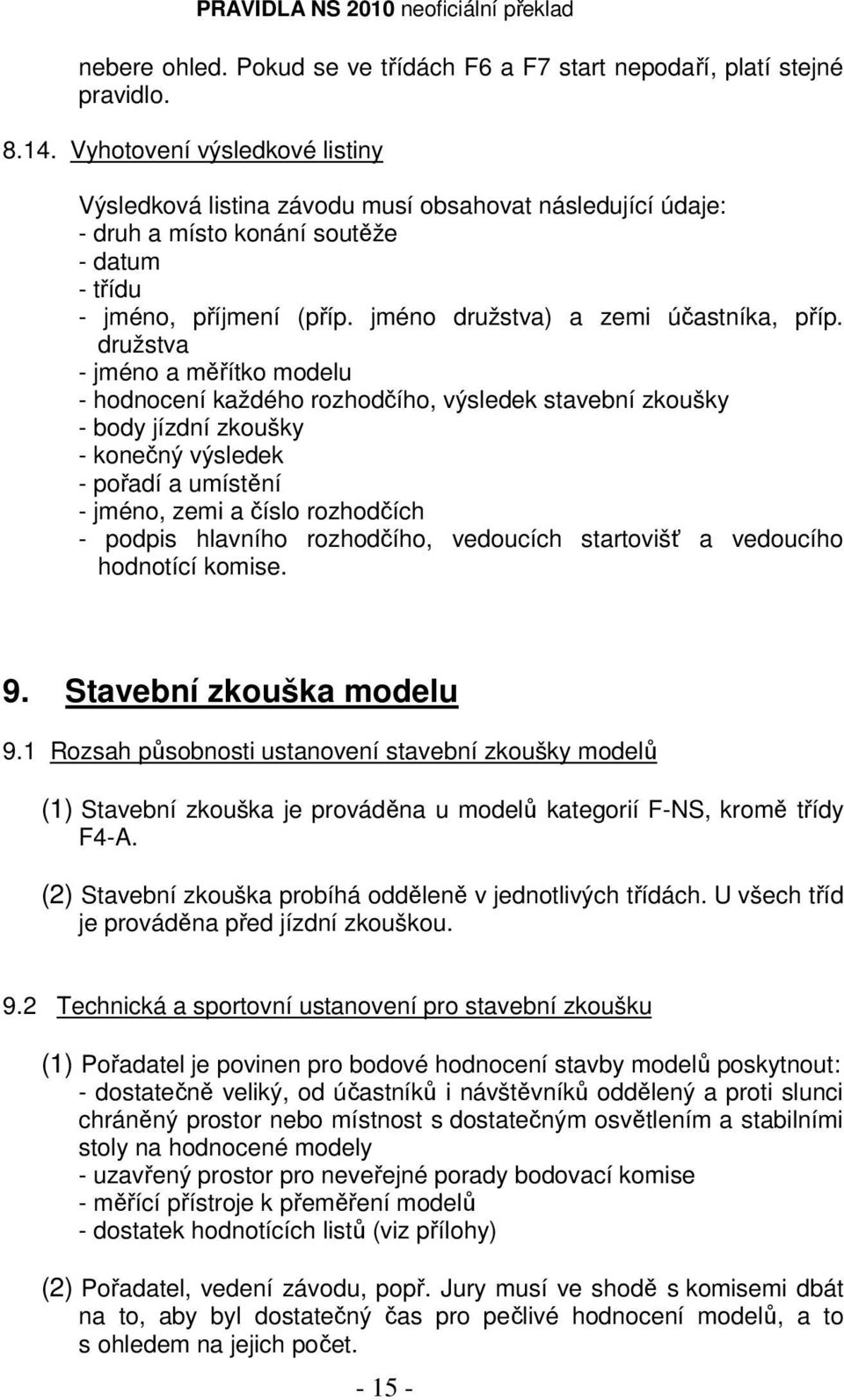 družstva - jméno a měřítko modelu - hodnocení každého rozhodčího, výsledek stavební zkoušky - body jízdní zkoušky - konečný výsledek - pořadí a umístění - jméno, zemi a číslo rozhodčích - podpis