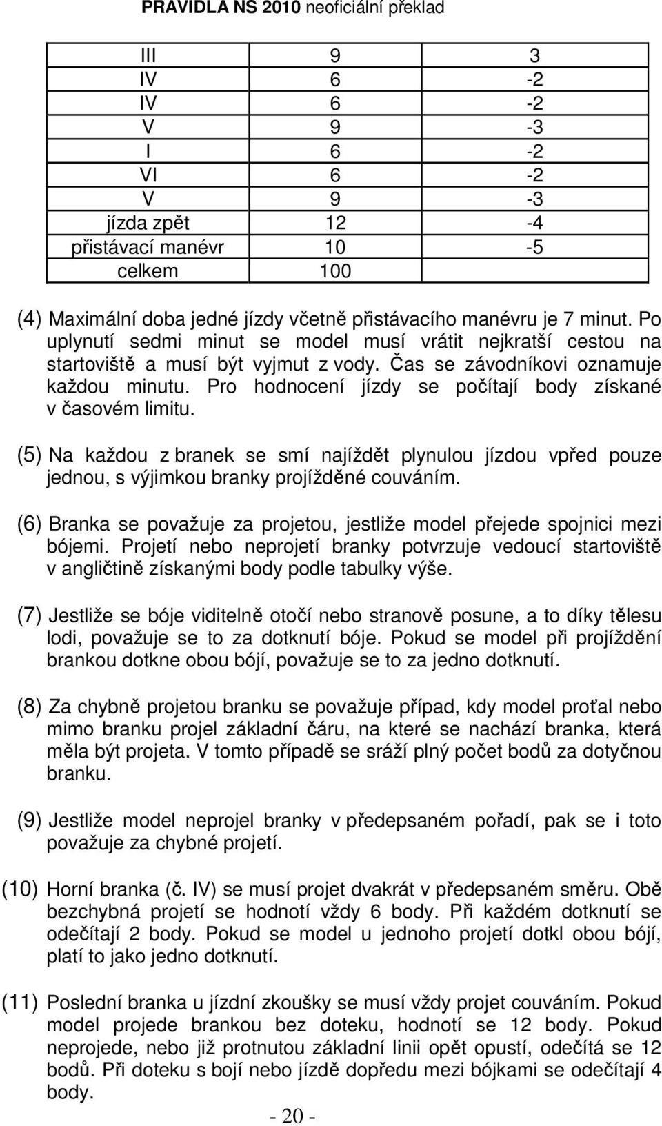 Pro hodnocení jízdy se počítají body získané v časovém limitu. (5) Na každou z branek se smí najíždět plynulou jízdou vpřed pouze jednou, s výjimkou branky projížděné couváním.