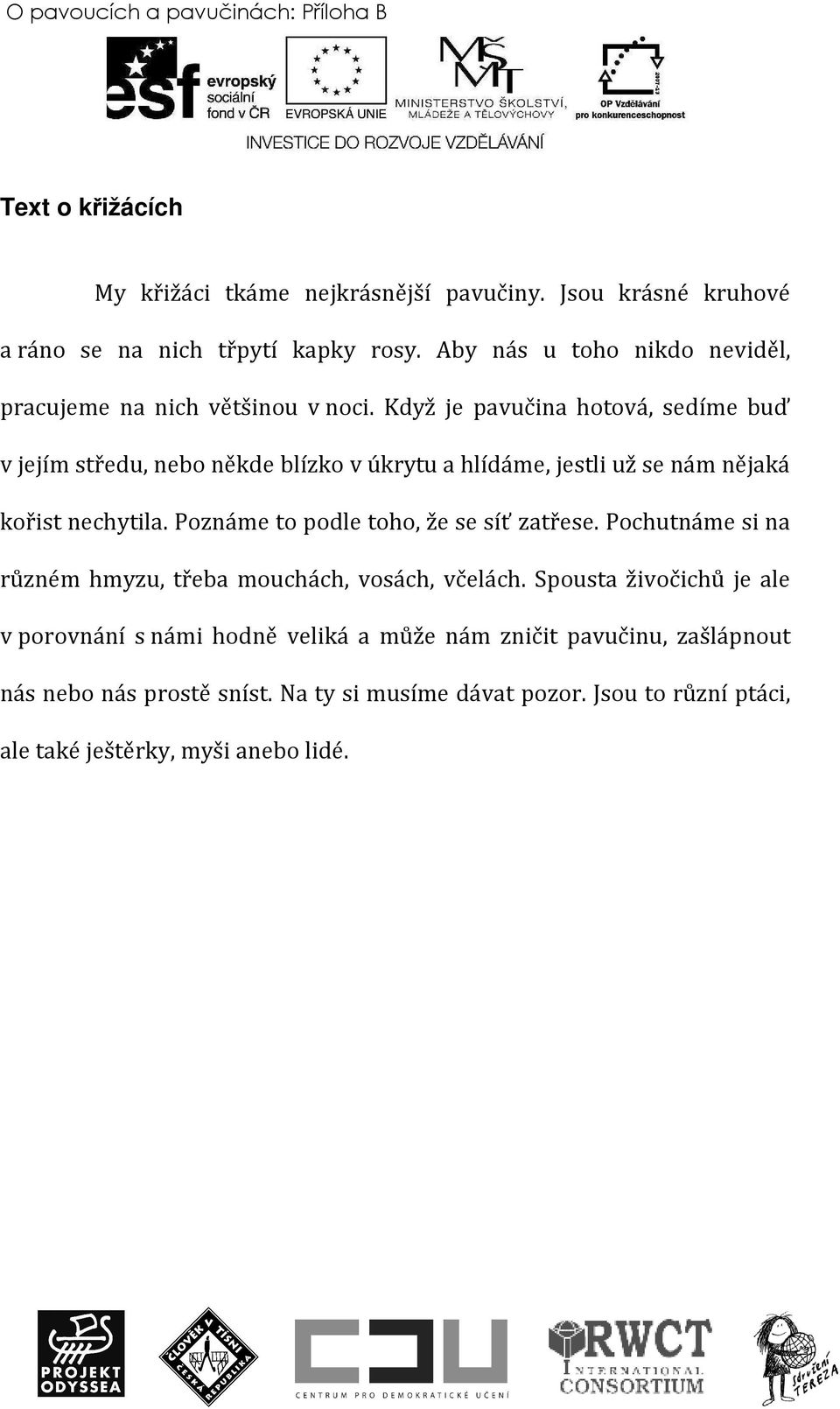 Když je pavučina hotová, sedíme buď v jejím středu, nebo někde blízko v úkrytu a hlídáme, jestli už se nám nějaká kořist nechytila.