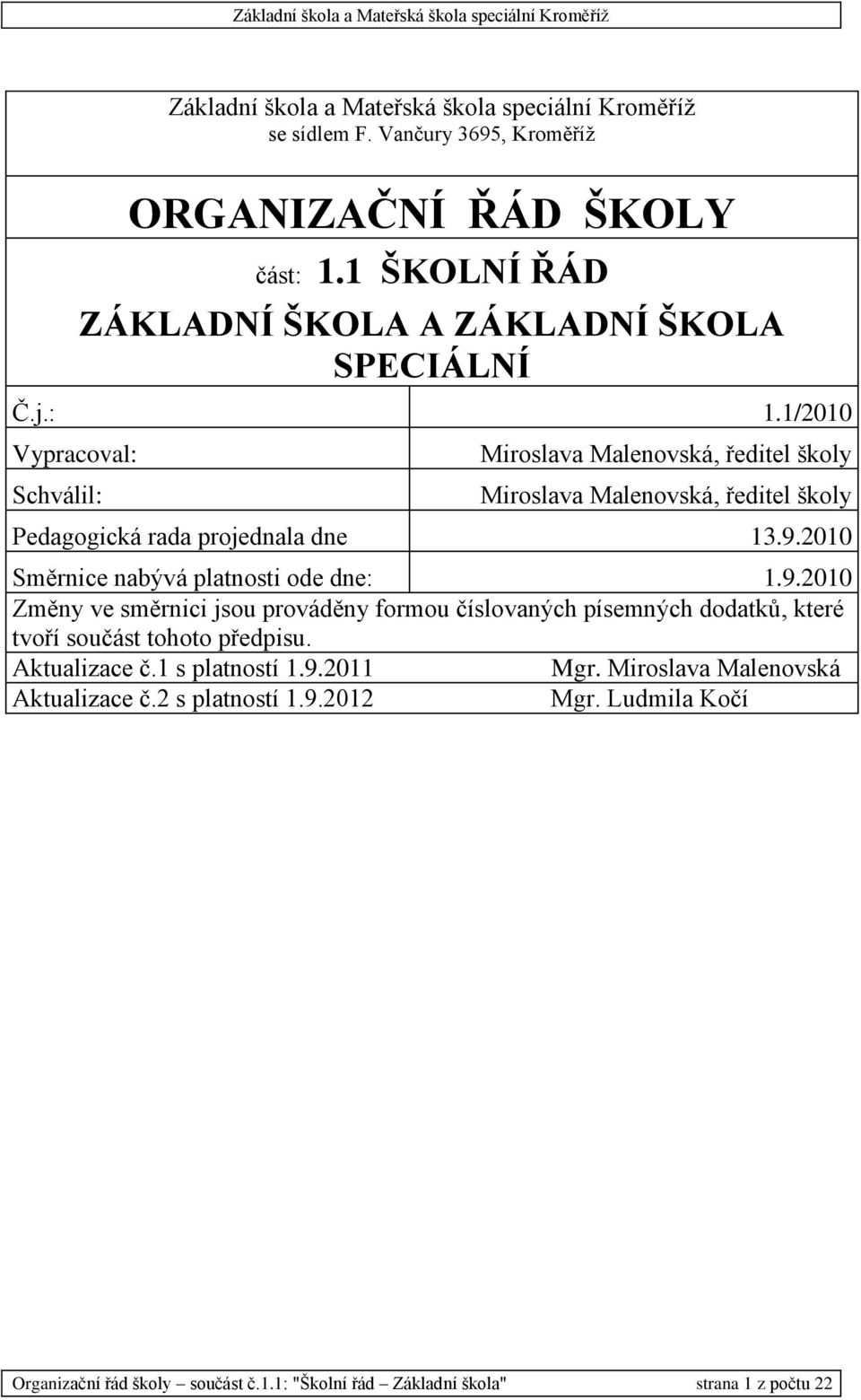 1/2010 Vypracoval: Schválil: Miroslava Malenovská, ředitel školy Miroslava Malenovská, ředitel školy Pedagogická rada projednala dne 13.9.