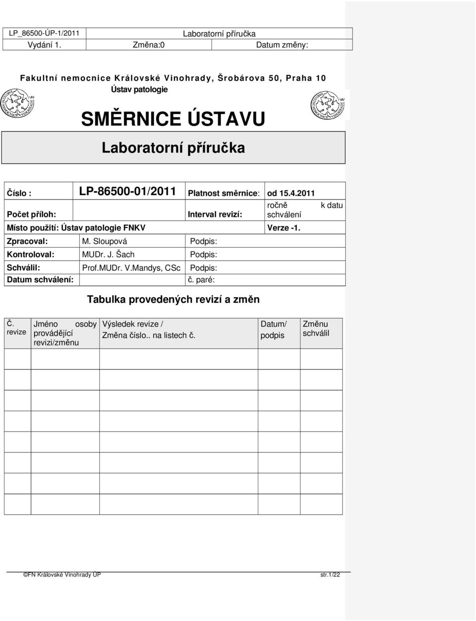 Sloupová Podpis: Kontroloval: MUDr. J. Šach Podpis: Schválil: Prof.MUDr. V.Mandys, CSc Podpis: Datum schválení: č.