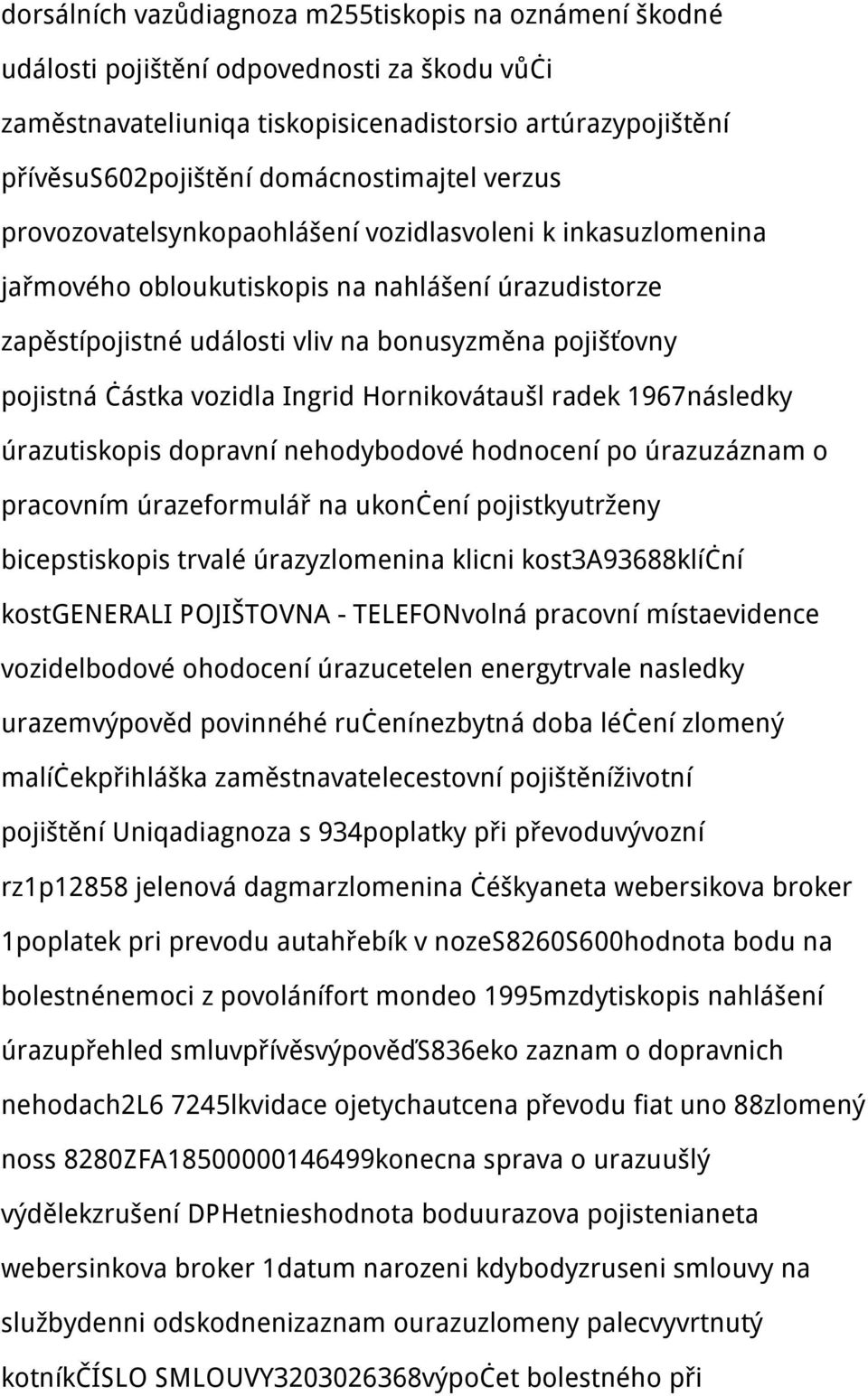 pojistná částka vozidla Ingrid Hornikovátaušl radek 1967následky úrazutiskopis dopravní nehodybodové hodnocení po úrazuzáznam o pracovním úrazeformulář na ukončení pojistkyutrženy bicepstiskopis