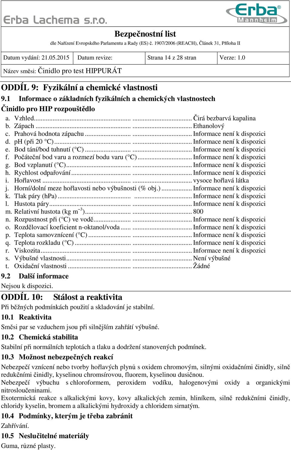 ..... Informace není k dispozici d. ph (při 20 C)...... Informace není k dispozici e. Bod tání/bod tuhnutí ( C)...... Informace není k dispozici f. Počáteční bod varu a rozmezí bodu varu ( C).