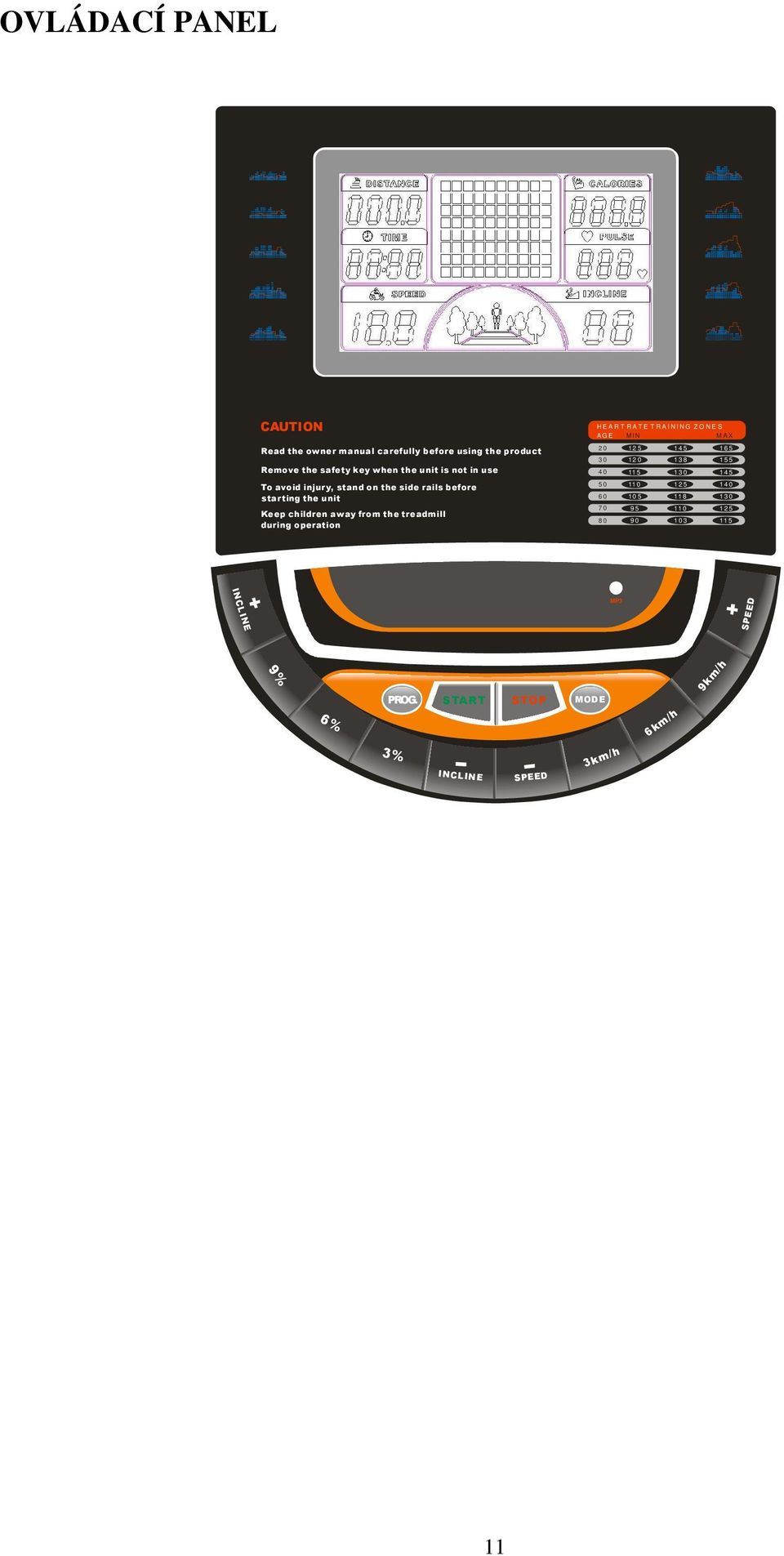 injury, stand on the side rails before starting the unit Keep children away from the treadmill during operation 5 0 6 0 7 0 8 0 11 0 1