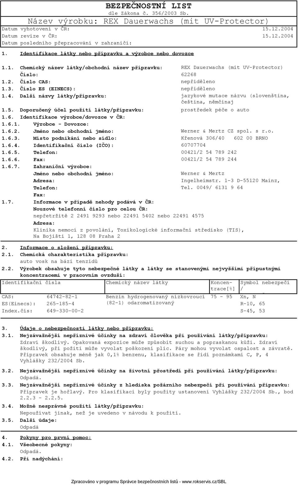 Číslo ES (EINECS): nepřiděleno 1.4. Další názvy látky/přípravku: jazykové mutace názvu (slovenština, čeština, němčinaj 1.5. Doporučený účel použití látky/přípravku: prostředek péče o auto 1.6.