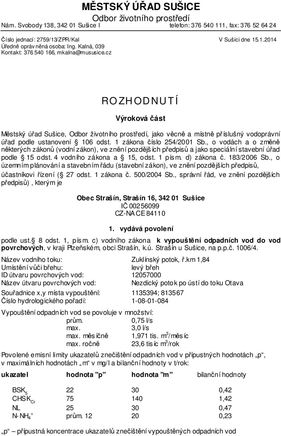 cz RO ZH OD NU T Í Výroková část Městský úřad Sušice, Odbor životního prostředí, jako věcně a místně příslušný vodoprávní úřad podle ustanovení 106 odst. 1 zákona číslo 254/2001 Sb.