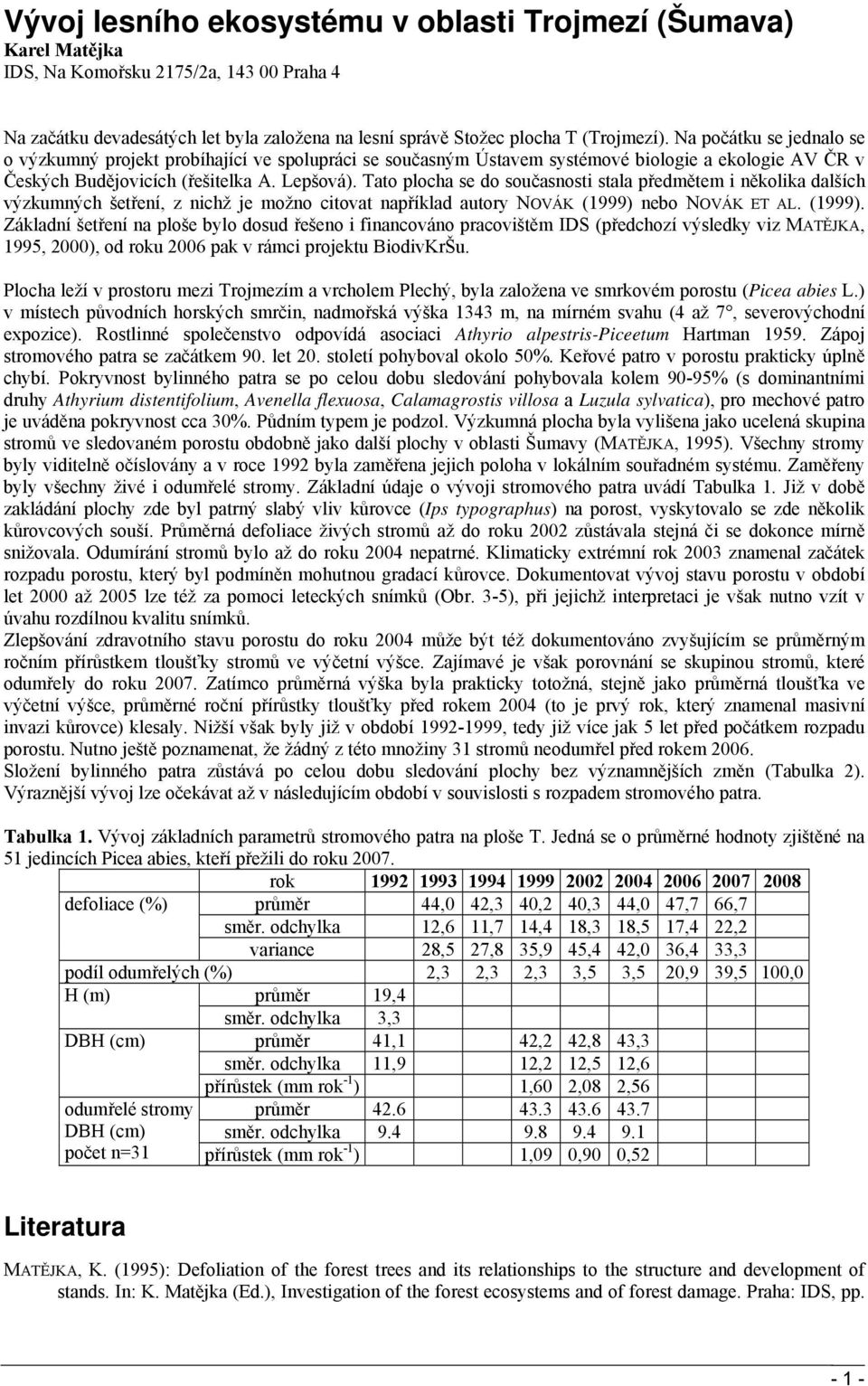 Tato plocha se do současnosti stala předmětem i několika dalších výzkumných šetření, z nichž je možno citovat například autory NOVÁK (1999) 