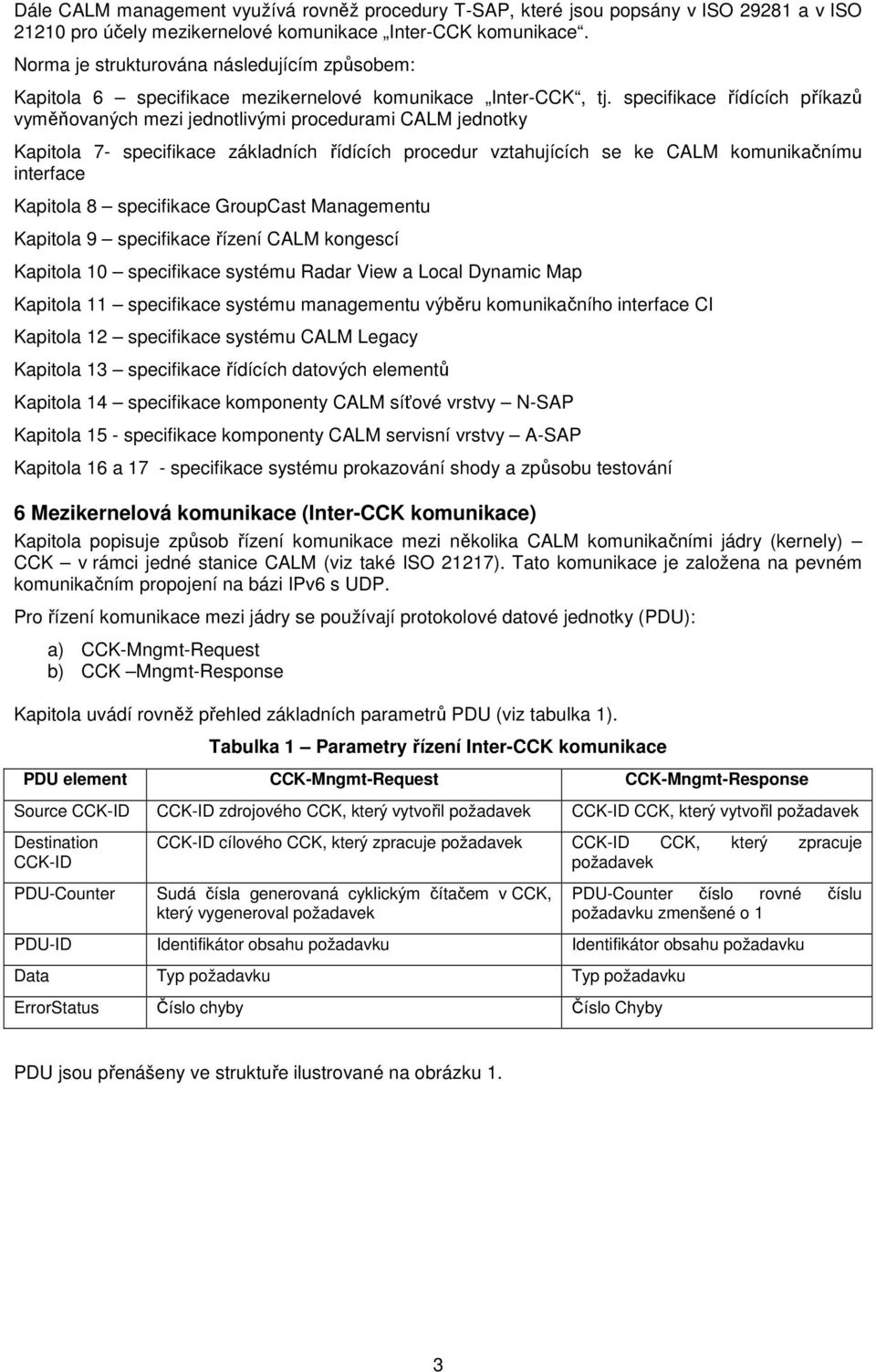 specifikace řídících příkazů vyměňovaných mezi jednotlivými procedurami CALM jednotky Kapitola 7- specifikace základních řídících procedur vztahujících se ke CALM komunikačnímu interface Kapitola 8