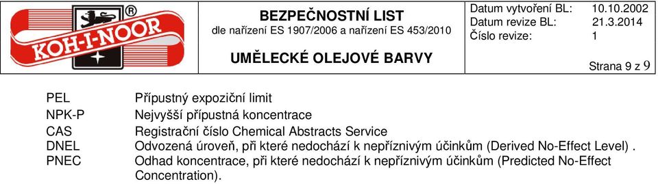 Registrační číslo Chemical Abstracts Service DNEL Odvozená úroveň, při které nedochází k nepříznivým