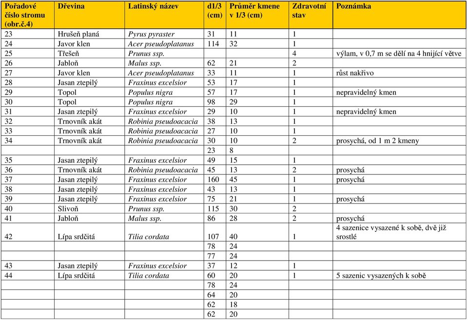 62 21 2 27 Javor klen Acer pseudoplatanus 33 11 1 růst nakřivo 28 Jasan ztepilý Fraxinus excelsior 53 17 1 29 Topol Populus nigra 57 17 1 nepravidelný kmen 30 Topol Populus nigra 98 29 1 31 Jasan