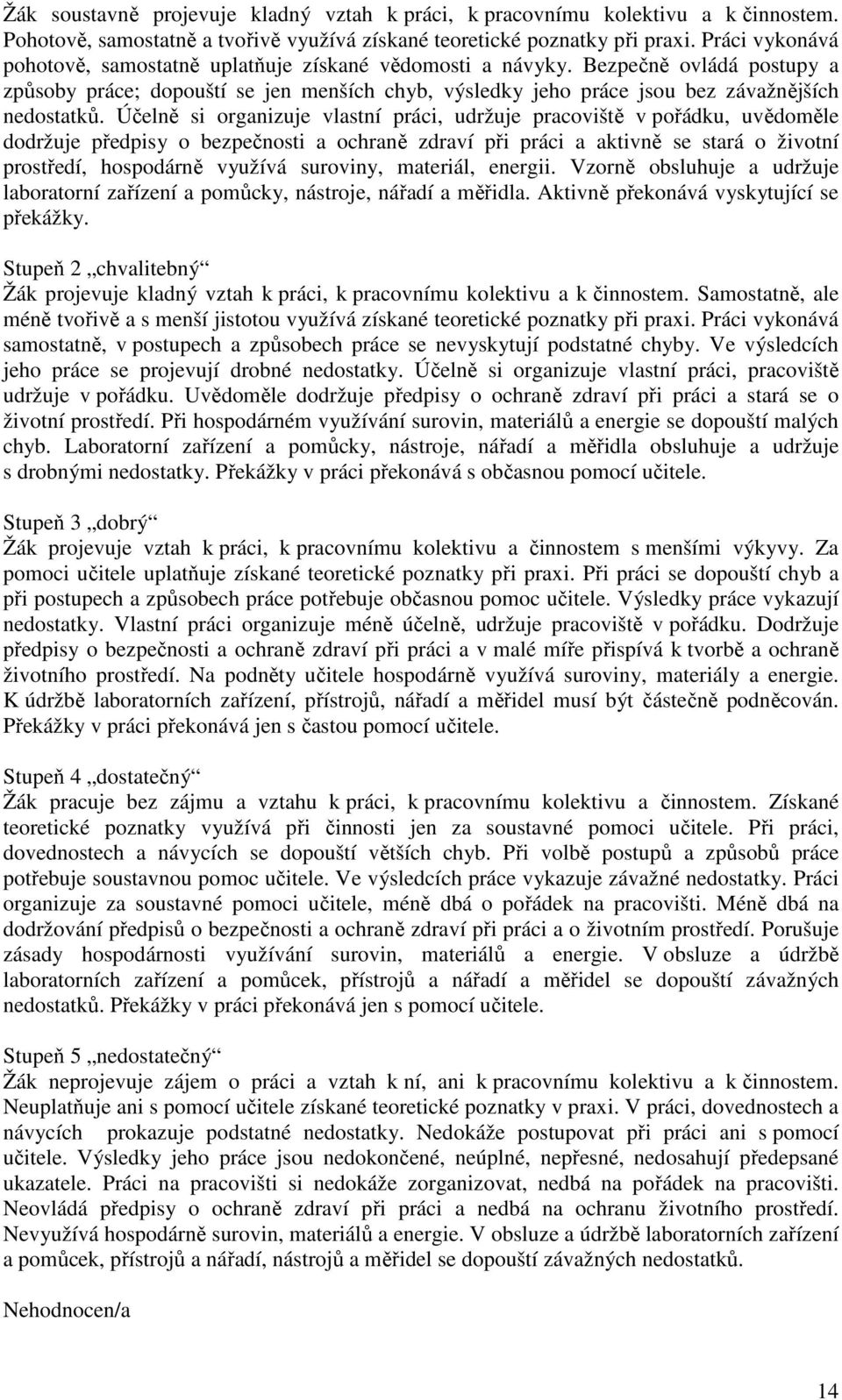 Účelně si organizuje vlastní práci, udržuje pracoviště v pořádku, uvědoměle dodržuje předpisy o bezpečnosti a ochraně zdraví při práci a aktivně se stará o životní prostředí, hospodárně využívá