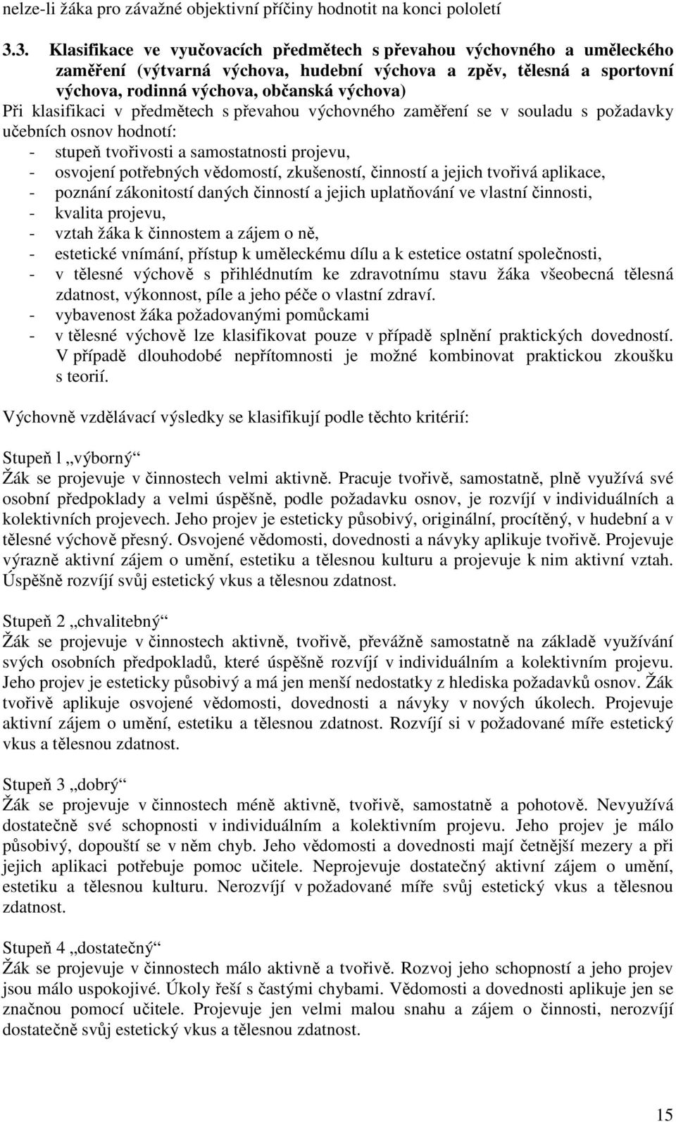 klasifikaci v předmětech s převahou výchovného zaměření se v souladu s požadavky učebních osnov hodnotí: - stupeň tvořivosti a samostatnosti projevu, - osvojení potřebných vědomostí, zkušeností,