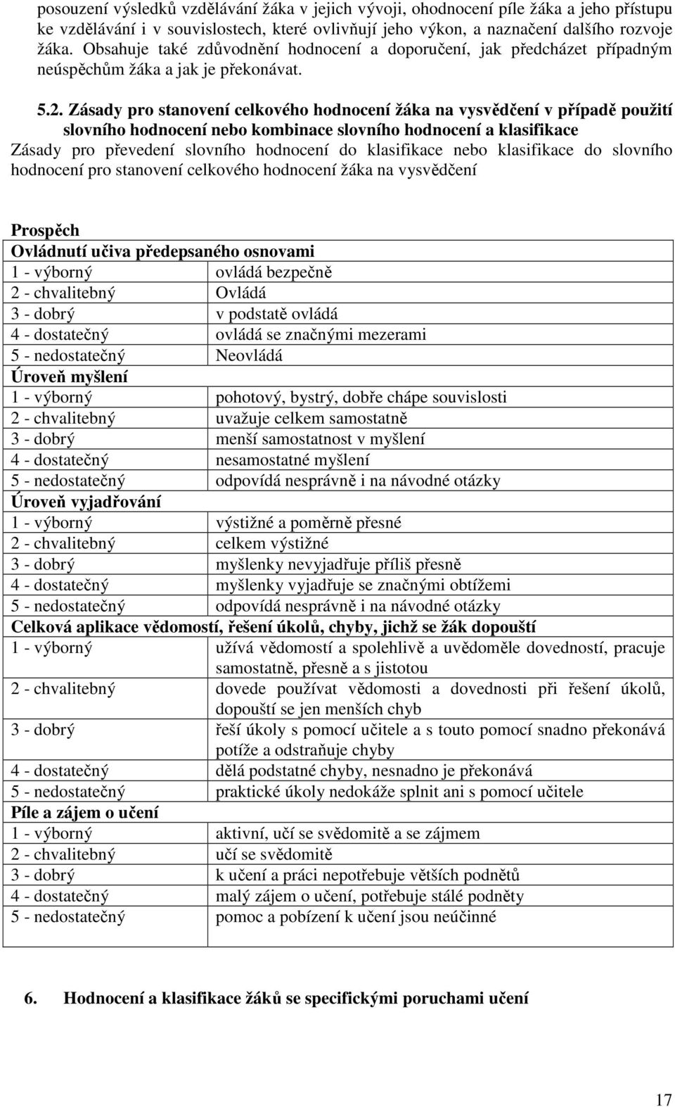Zásady pro stanovení celkového hodnocení žáka na vysvědčení v případě použití slovního hodnocení nebo kombinace slovního hodnocení a klasifikace Zásady pro převedení slovního hodnocení do klasifikace