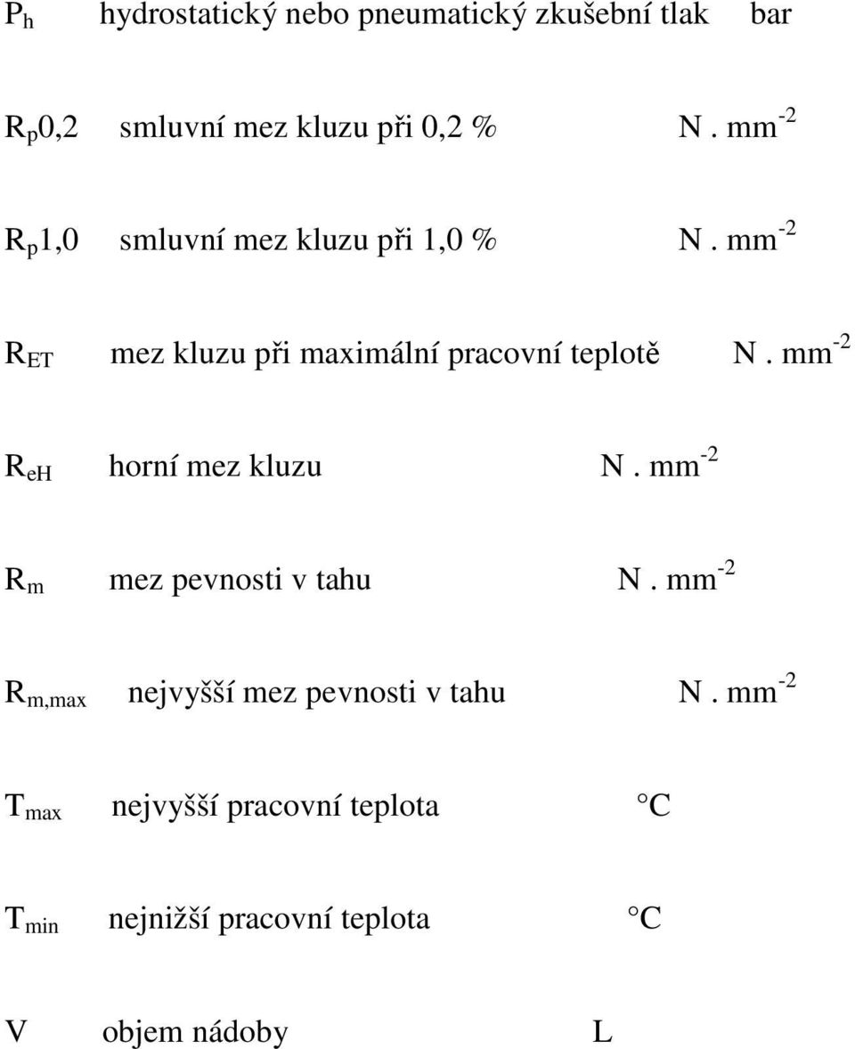 mm -2 R ET mez kluzu při maximální pracovní teplotě N. mm -2 R eh horní mez kluzu N.