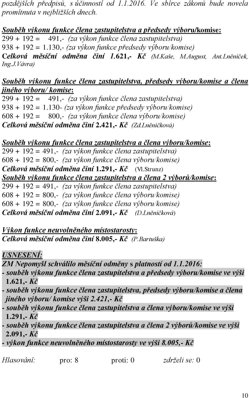 130,- (za výkon funkce předsedy výboru/komise) Celková měsíční odměna činí 1.621,- Kč (M.Kaše, M.August, Ant.Lněníček, Ing.J.