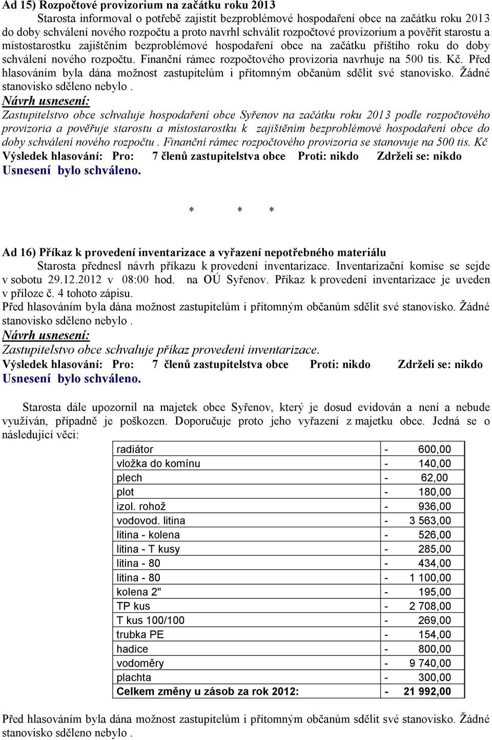 Finanční rámec rozpočtového provizoria navrhuje na 500 tis. Kč. Před hlasováním byla dána možnost zastupitelům i přítomným občanům sdělit své stanovisko. Žádné stanovisko sděleno nebylo.