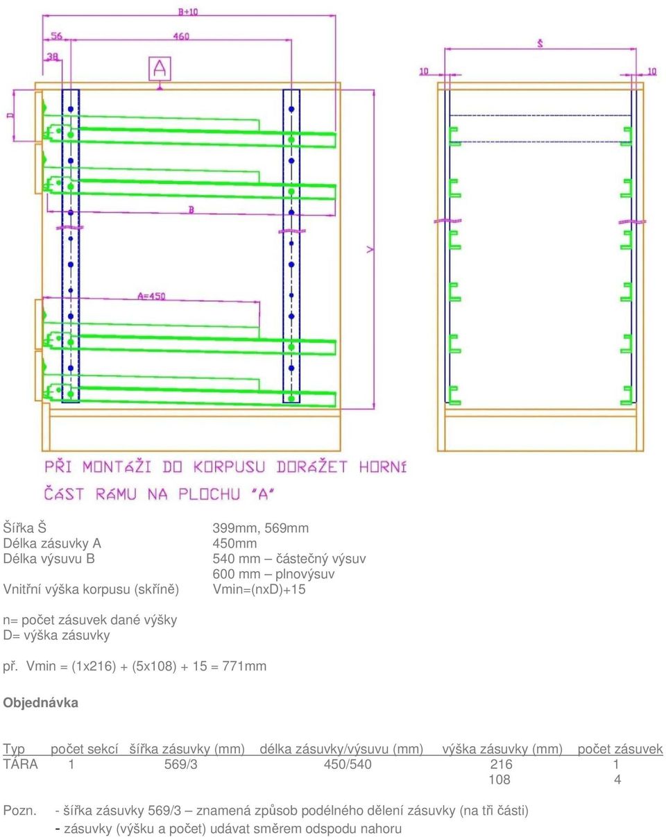 Vmin = (1x216) + (5x108) + 15 = 771mm Objednávka Typ počet sekcí šířka zásuvky (mm) délka zásuvky/výsuvu (mm) výška zásuvky